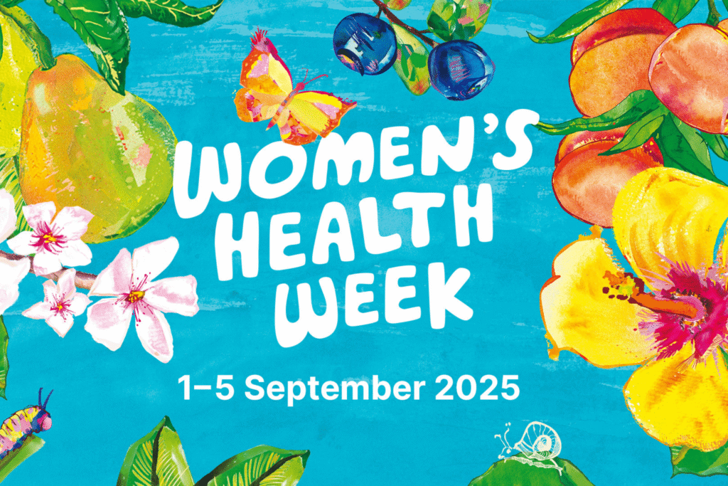 Graphic tile that says Women's Health Week with pictures of butterflies and flowers